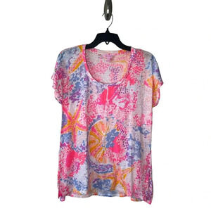Lilly Pulitzer Inara Linen T Shirt Paradise Pink Bohemian Beach Sz M Women’s Top